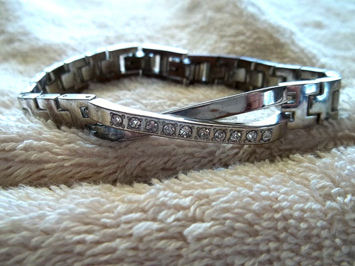 Solid Link Chain Bracelet, Silver Tone Metal, Clear Crystals On Center Bar - Picture 4 of 5