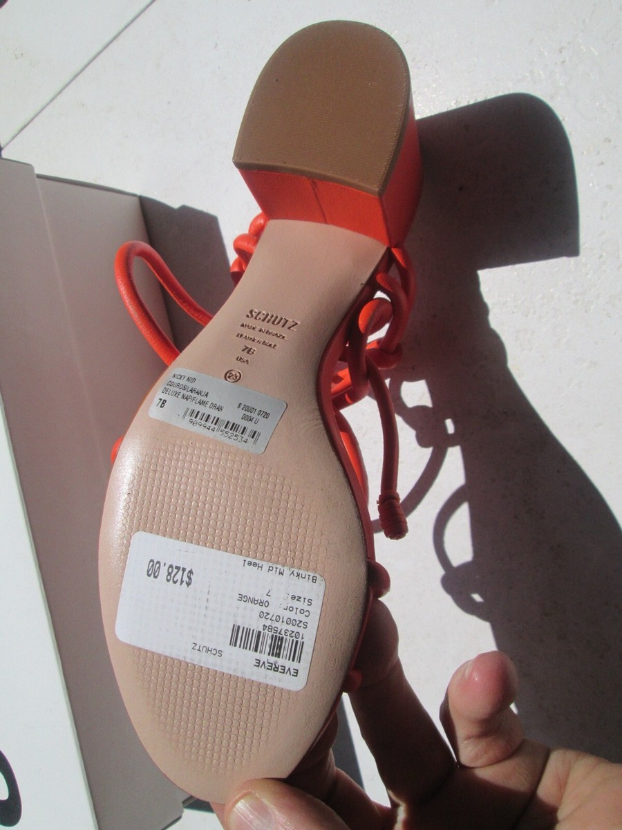 NIB Schutz Nicky Mid Nappa Sandals 7B Orange Strappy Block Heels