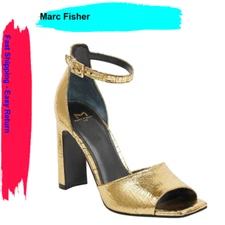 Marc Fisher Harlin Gold Leather Ankle Strap Sandals, Size 8.5 M