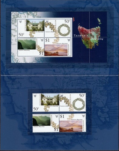 2004 Australia Bicentenario de Tasmania Juego de 4 y Mini Hoja Paquete de Estampillas Sin Abrir - Imagen 2 de 2