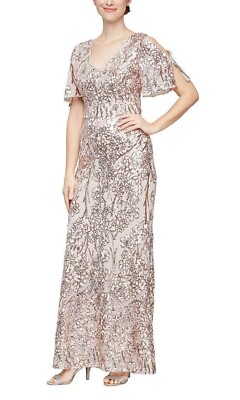 Alex Evenings Sand Sequin Lace Cold Shoulder Trumpet Evening Gown Sz 8 $259