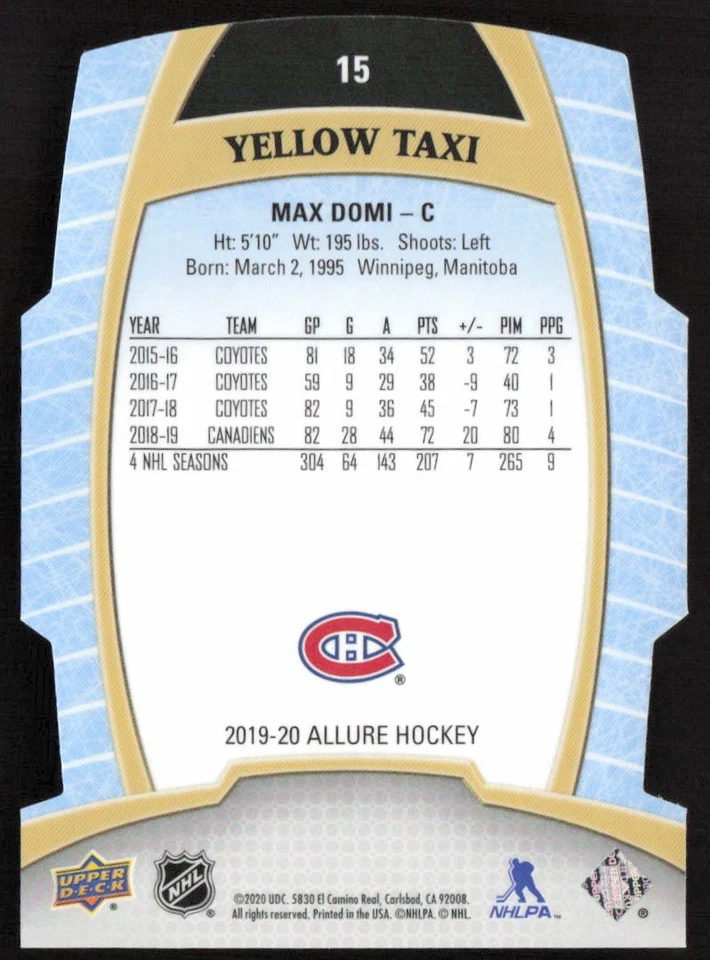 2019-20 Upper Deck Allure Yellow Taxi Max Domi #15 Montreal Canadiens - Image 2 of 2