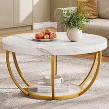 Round Coffee Table, Industrial 2-Tier Circle With Storage Shelves White