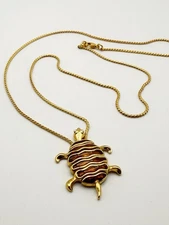 KJL Kenneth Jay Lane Gold Tone Articulated Turtle Bronze Enamel Pendant Necklace