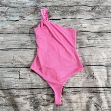 Revolve Lovers  Friends Vibrant Pink Ribbed One Shoulder Thong Bodysuit Size S