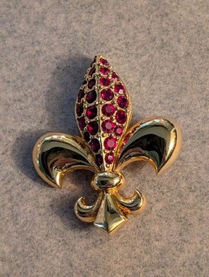 Bold Vintage Fleur de Lis Brooch | Gold Tone & Ruby-Red Rhinestones | French...