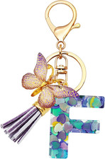 Initial Letter Keychains for Girls Women Pink Purple Green Cute Butterfly Heart