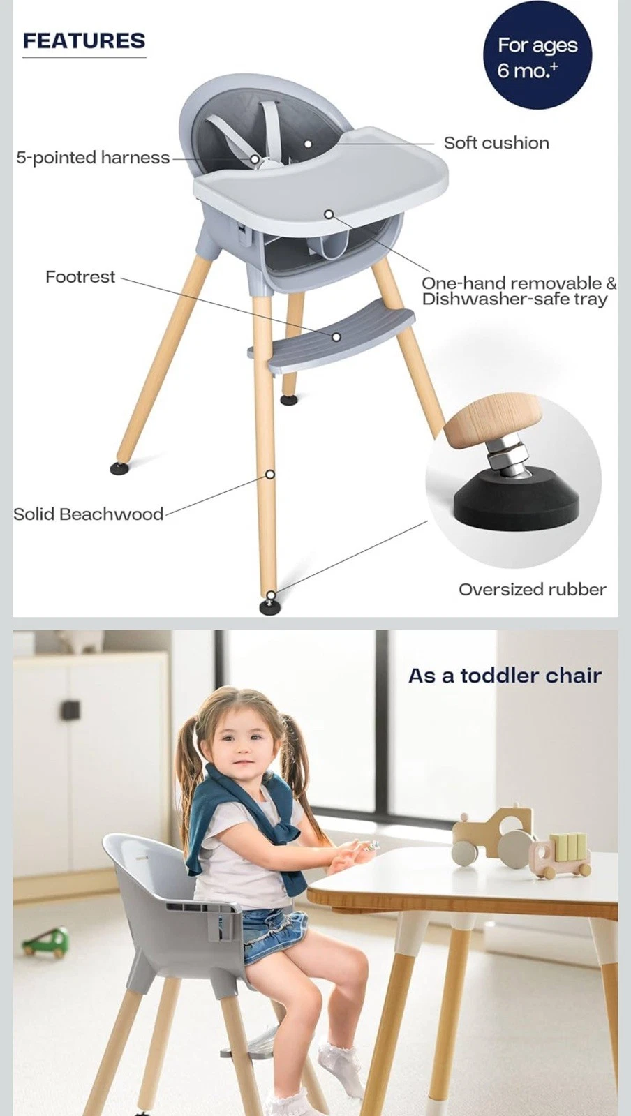 Fodoss Convertible Baby High Chair with Wood Legs - NEW - Tranquil Gray