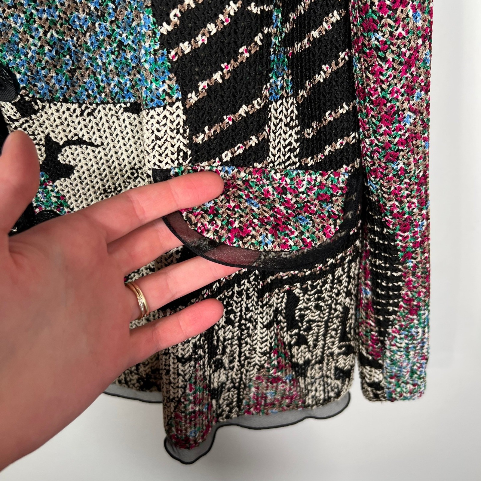 XL Abstract Patchwork Knit Blazer Jacket Mesh Tri… - image 3