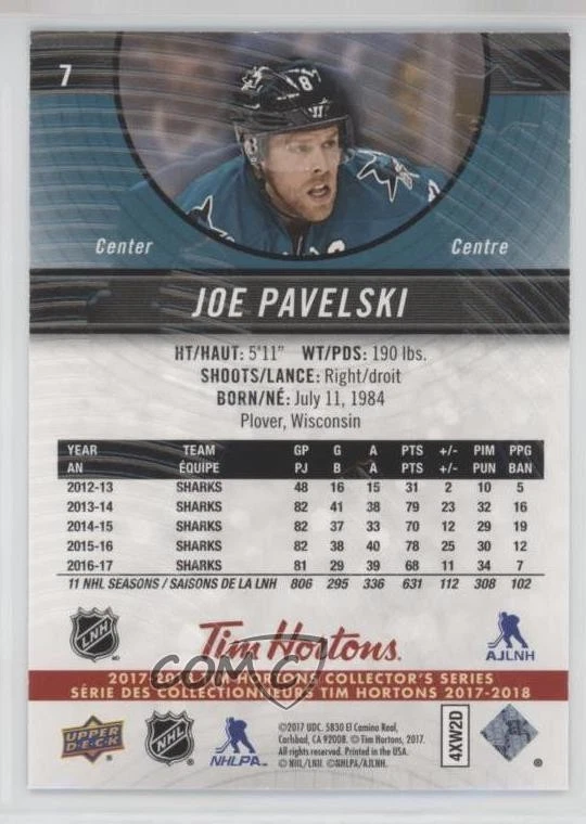 2017-18 Upper Deck Tim Hortons Collector's Series Joe Pavelski #7 - Image 2 of 2