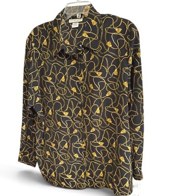 NWT Notations Button Up Blouse Womens 18W Black Gold Chain Tassel Print Office