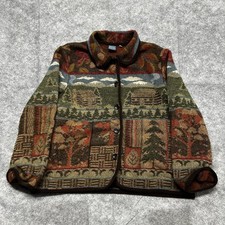 VTG 90s Y2K IVY Knit Jacket Womens XL Mountain Cabin Landscape Nature All Over