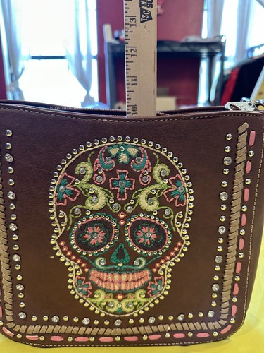 Montana West Sugar Skull Purse Brown Faux Leather Embroidered Shoulder Bag - Picture 15 of 16