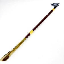 Vintage 21" Animal Head Shoehorn Wood Shaft Faux Horn Bottom