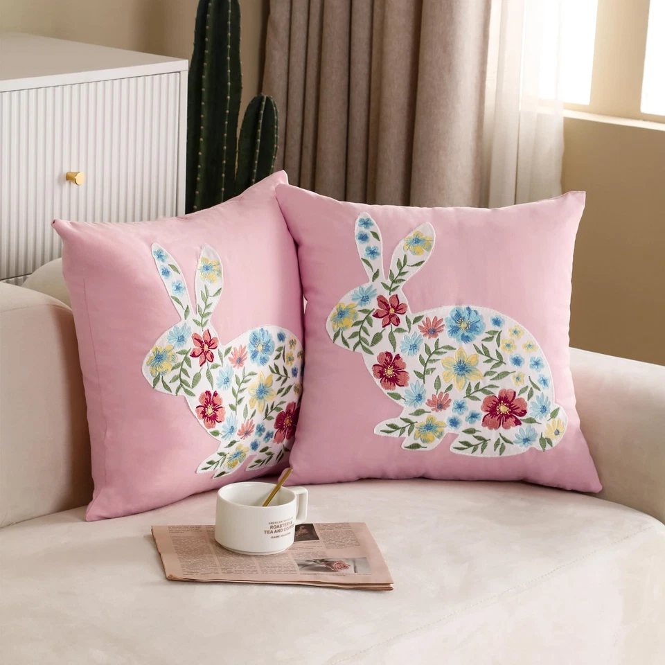 Juego de 2 fundas de almohada Happy Easter 18X18 pulgadas lindas bordadas conejito rosa y... Foto 2 de 4