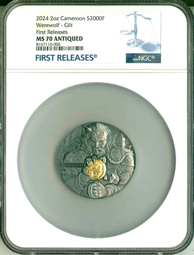 2024 Cameroon S2000F Gilt Werewolf 2 oz. Silver FR NGC MS70 Antiqued Box COA OGP