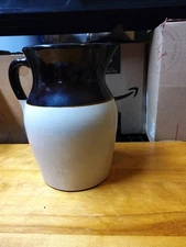 LARGE VINTAGE 10"H 2-TONE BROWN BEIGE CROCK PITCHER JUG VASE MADE IN USA POTTERY