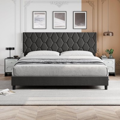 King Size Bed Frame w/ Headboard ,Modern Upholstered Platform Bed Frame Bedroom