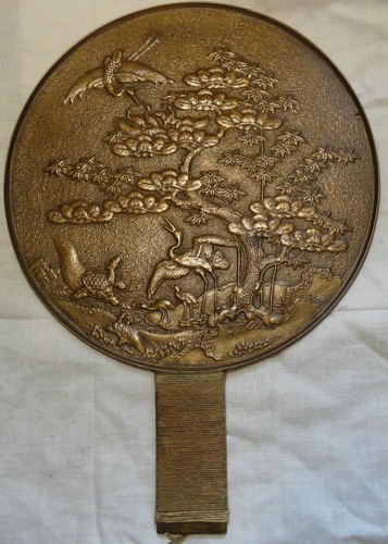 ANTIQUE JAPANESE BRONZE HAND MIRROR - KAGAMI LARGE SIZE 23.5CM - Foto 1 di 5