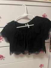 studio Y Black Lace Trim Cropped Short Sleeve Cardigan Size M
