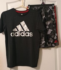 Adidas/2pc Outfit Set/Unisex Youth/L 14-16/Black Grey/Camo Shorts Logo