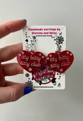 Itty Bitty Titty Club - Heart Statement Earrings - Red Glitter - Alt Handmade