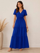 Monteau Los Angeles Royal Blue Maxi Dress Flutter Sleeve Smocked Waist Small