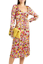 Ganni Floral Silk Ruched Bodycon Midi Dress Summer Festivals Size UK 8, DE 36