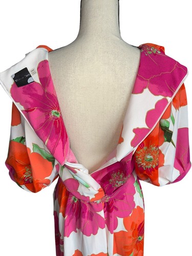 NWT Maison Tara Dress Floral Wrap Puff Sleeves Belt Orange Pink Flowers Chic 24W - Picture 4 of 7