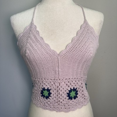 Aerie Textured Crochet Halter Cropped Bra Top Lavender Purple Granny Square