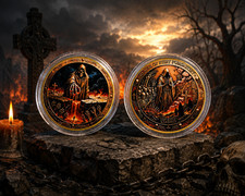 Fantasy Geschenk Sammlerm&uuml;nze 40 mm &ndash; Sensenmann & H&ouml;llenmotiv &ndash; Farbmedaille