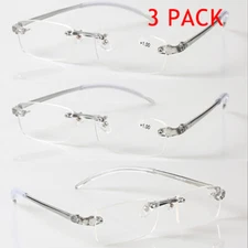 3 PACK TR90 Reading Glasses Elastic Transparent Rimless Flexible Eyeglasses NEW