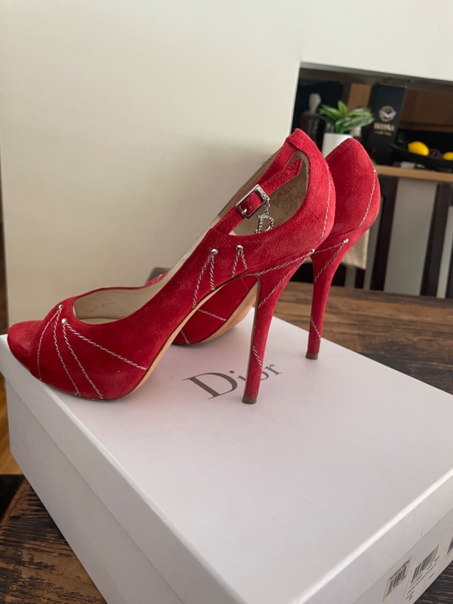 Dior ハイヒール Christian Dior Shoes Red Suede Open Toe Stiletto Heels Size