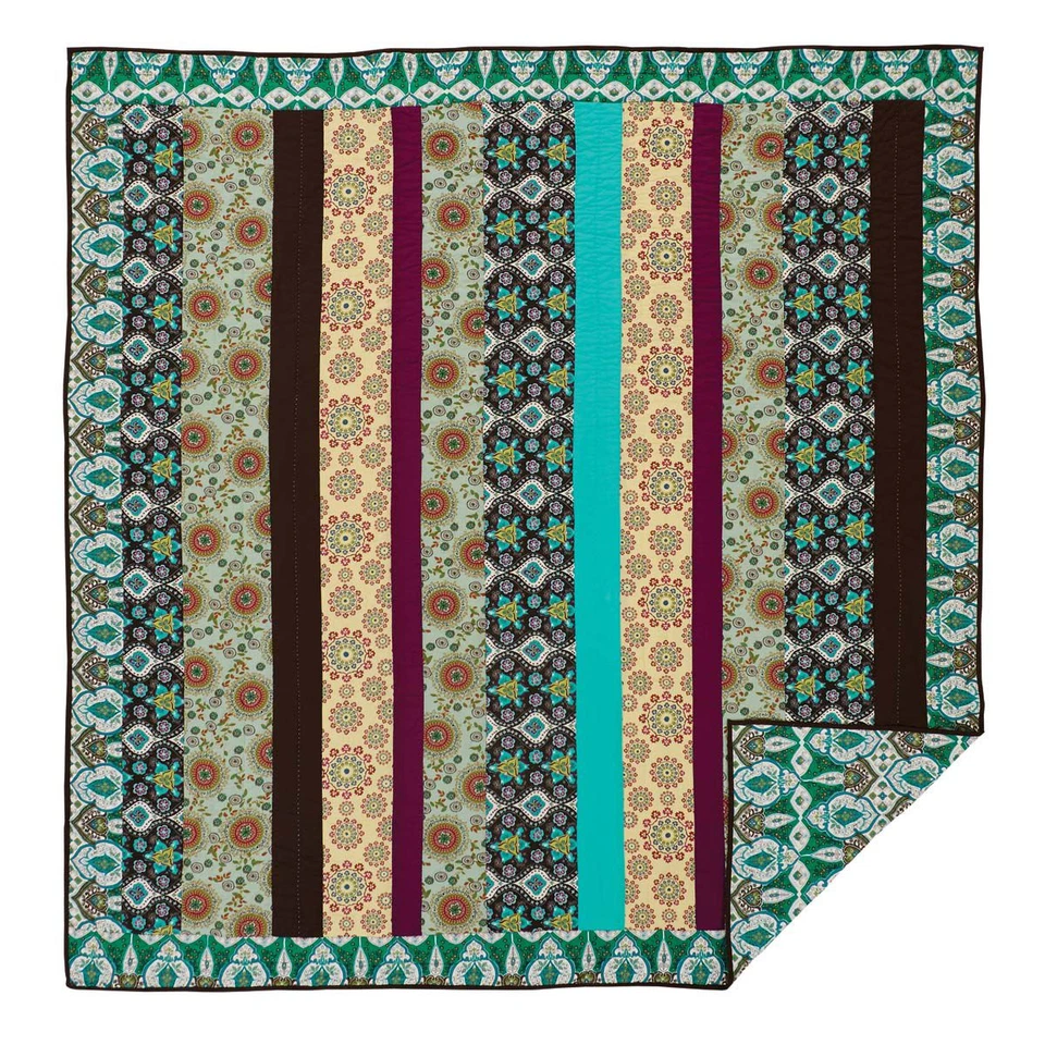 Capri 100% Cotton Bohemian Queen Quilt Multicolor Floral Strip Quilted Bedspread - Image 2 of 4