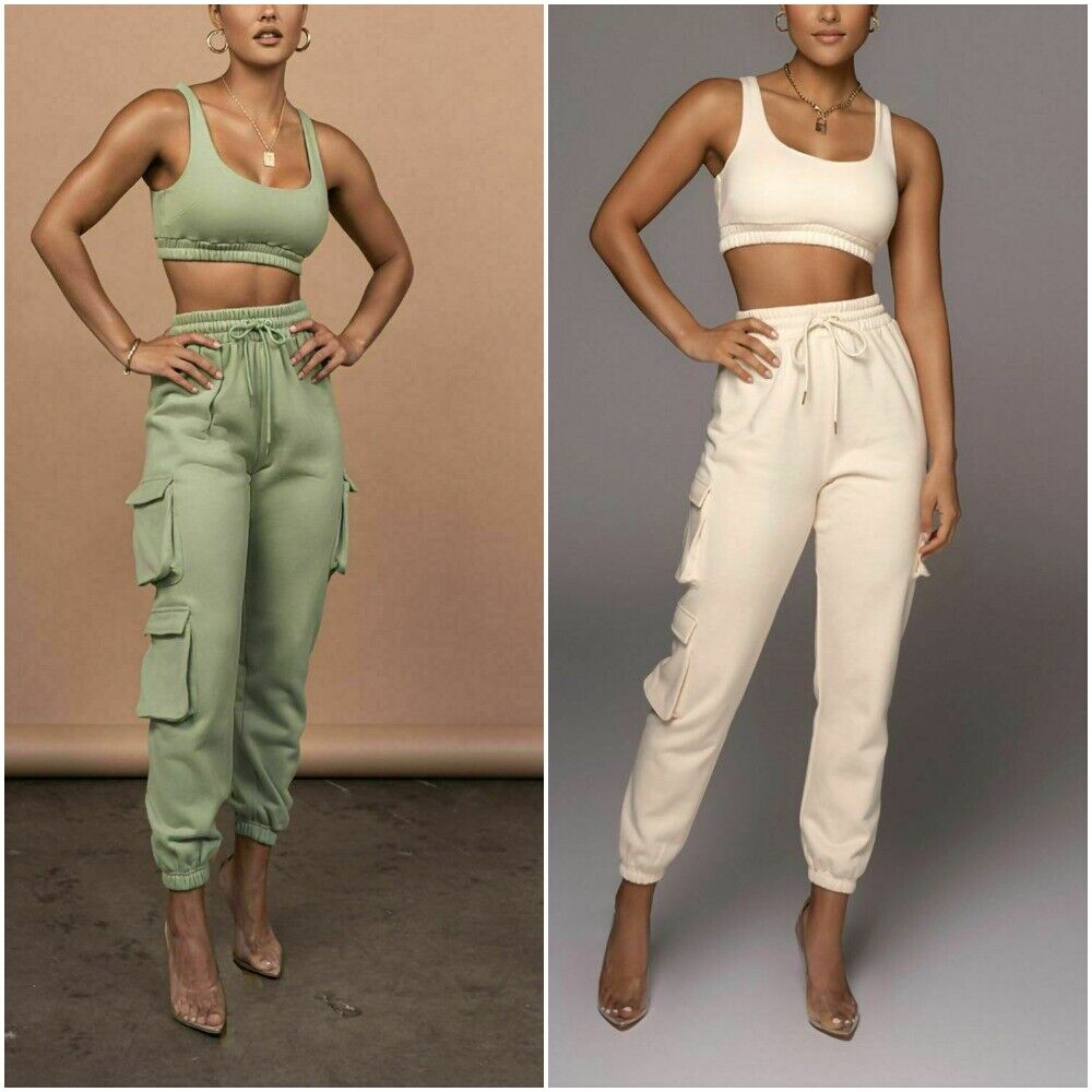 Ladies Womens 2 Piece Crop Top and Cargo Joggers Co-Ord Set Wint