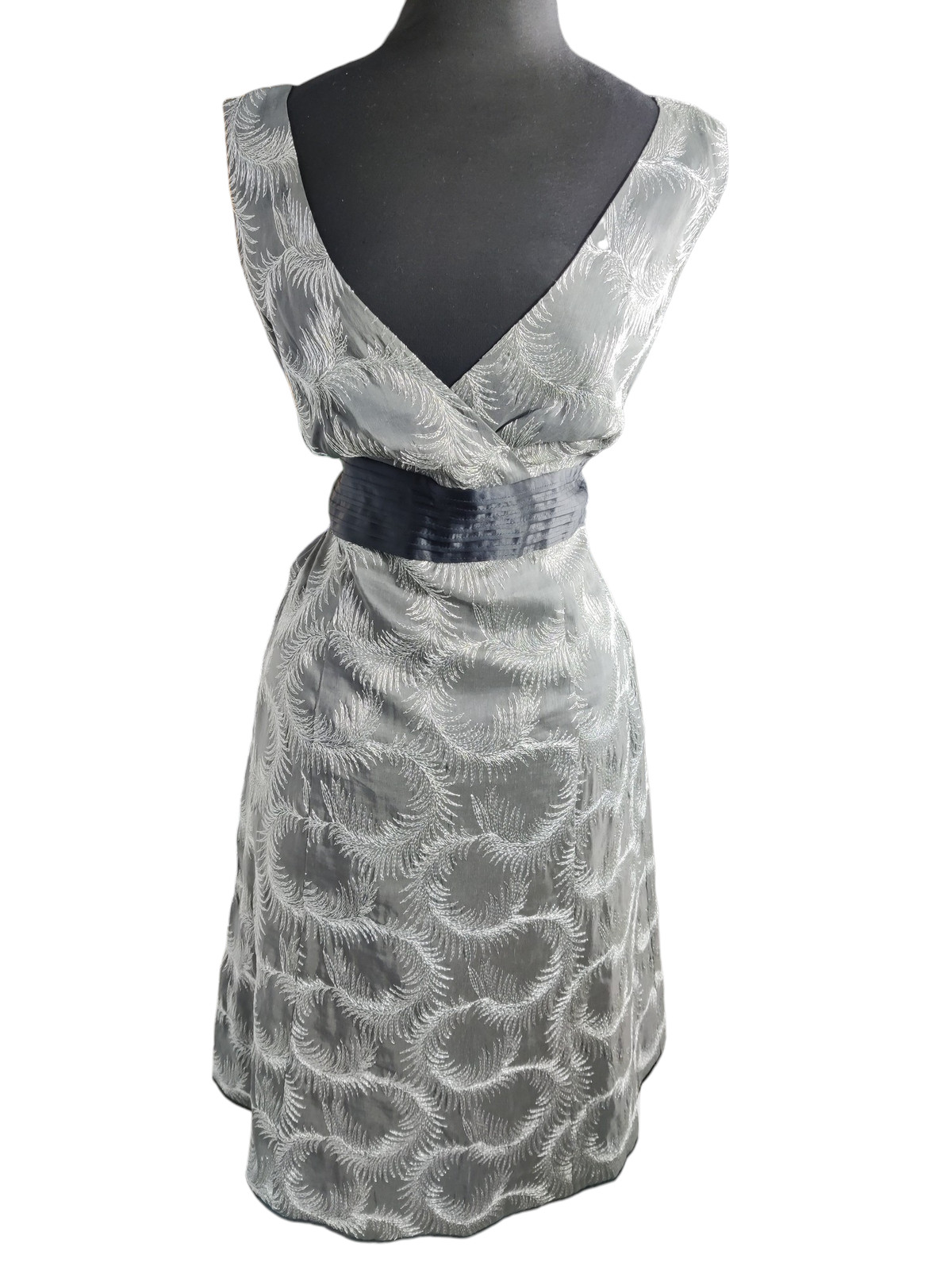MONSOON UK 14 GREY SILVER EMBROIDERED SLEEVELESS BELT WRAP DRESS