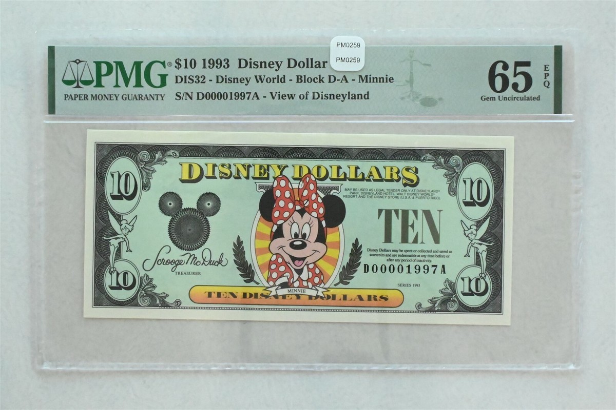 Disney Dollar 1993 $10 PMG Gem UNC 65EPQ DIS32. Minnie. View of