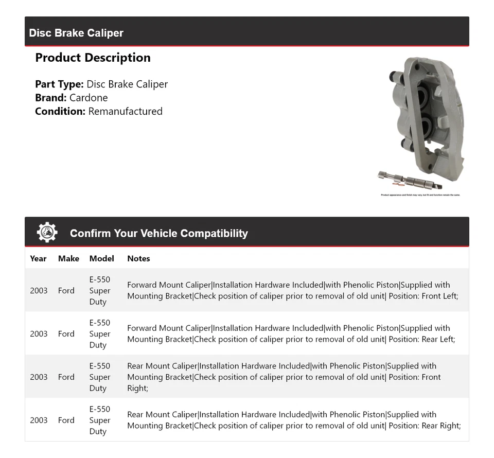 For 2003 Ford E-550 Super Duty Disc Brake Caliper Cardone - Image 2 of 4