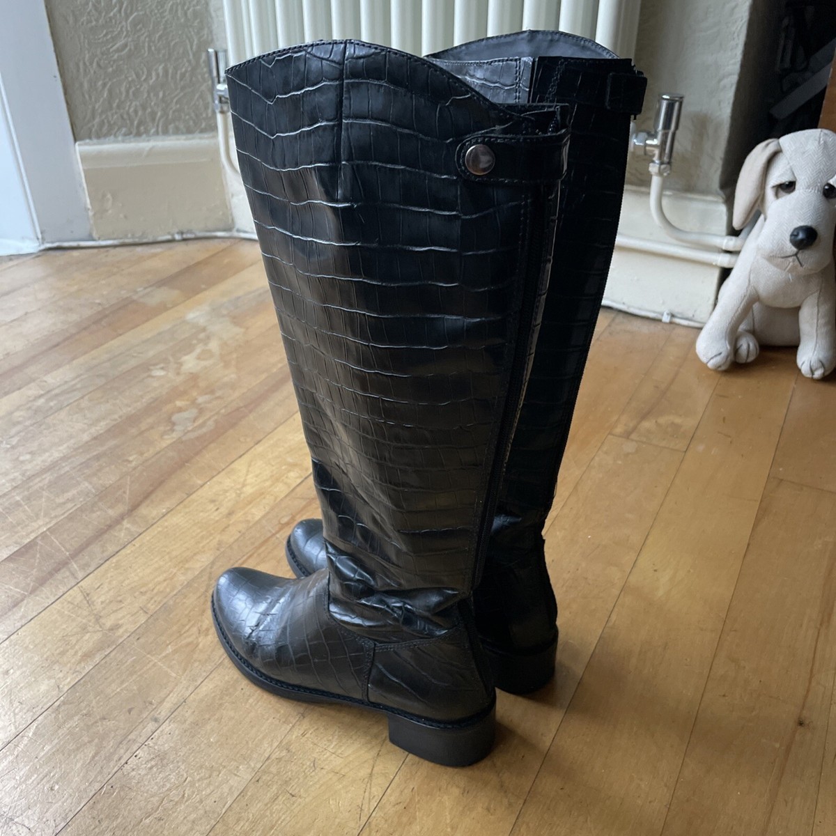 DUNE,LONDON BLACK CROC PRINT PATENT LEATHER BACK ZIP KNEE HIGH