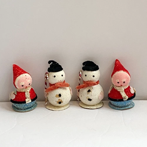 Vintage Putz Mica Christmas Figurines Santa Snowman Set Of 4