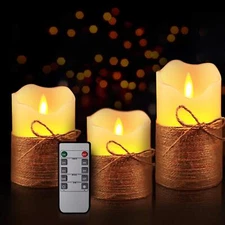 Flameless LED Pillar Candle Real Wax Moving Wick Hemp Rope Remote Ivory 3 Pack