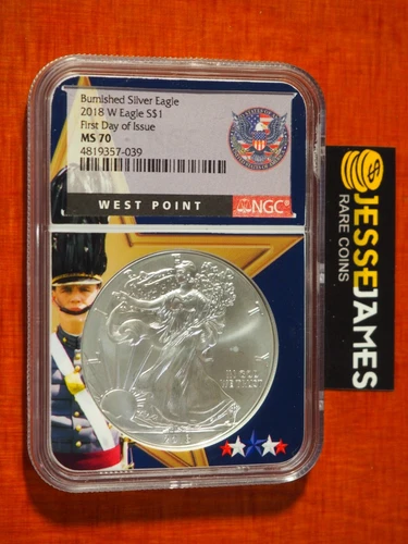 2018 W BURNISHED SILVER EAGLE NGC MS70 FIRST DAY OF ISSUE FDI WEST POINT CORE