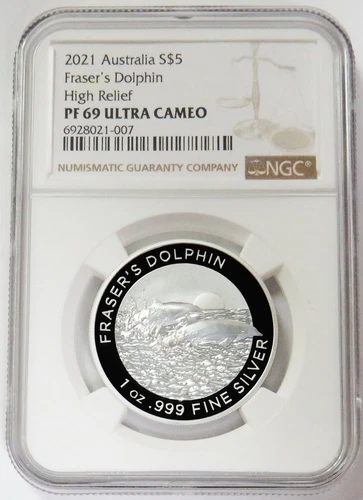 2021 SILVER AUSTRALIA $5 FRASER'S DOLPHIN HIGH RELIEF 1 OZ COIN NGC PF 69 UC