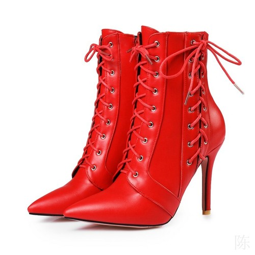 Womens Lace Up Ankle Boots Stilettos Heels Pointy Toe Cross Strappy Shoes Court - Picture 2 of 15