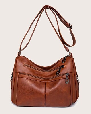 Women's Multi-Pocket Brown PU Leather Shoulder Bag: Versatile Crossbody  Handbag