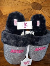 Justice Girls Slip On Scuff Slippers Black/Silver Size 4/5 New