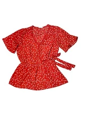Sienna Sky Blouse Womens Small Red White Floral Side Tie Red Dainty Cute Pretty