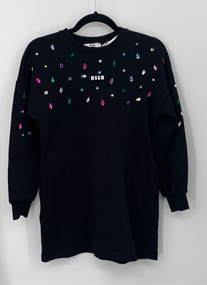 MSGM Girl Black Cotton Logo Print Multi-Color Rhinestone Sweatshirt Dress sz 10y