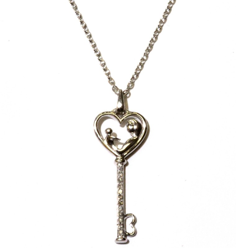 925 Sterling Silver .03ct diamond Key Mother Child pendant necklace 2.5g 18"