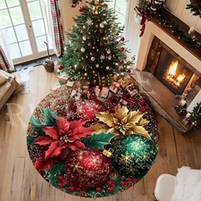 Christmas Ornament Rug,Christmas Decorations Rug, Poinsettia Rug,Round Christmas